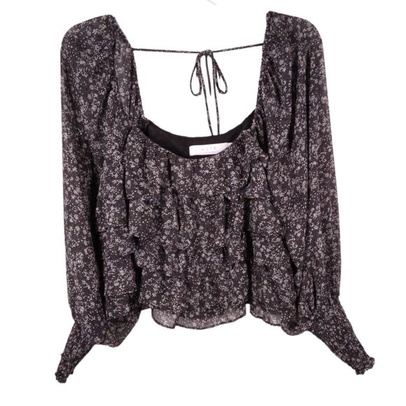Astr the Label Fairfield Smocked Square Neck Floral Ruffle Blouse Black … - Picture 1 of 6